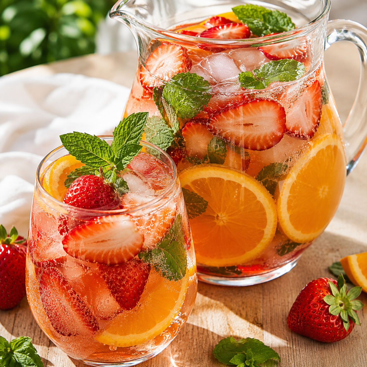 Strawberry white wine sangria with orange slices and fresh mint