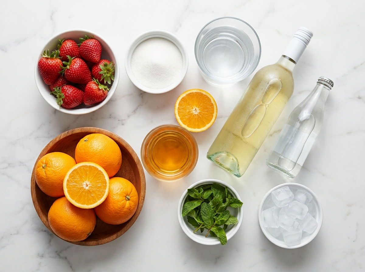 Fresh strawberries, oranges, mint, wine, and soda for sangria