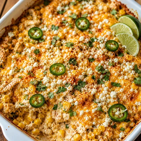Street corn chicken casserole with cotija, cilantro, jalapeno, and lime