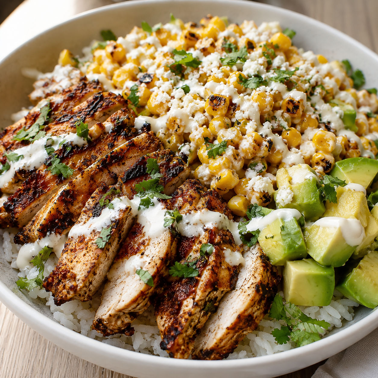 Street corn chicken rice bowl with creamy corn, avocado, and lime sauce