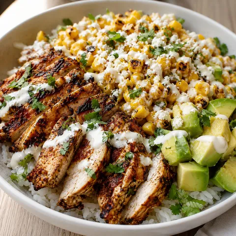 Street corn chicken rice bowl with creamy corn, avocado, and lime sauce