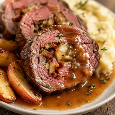 Sliced stuffed beef tenderloin with apple bourbon gravy and herbs