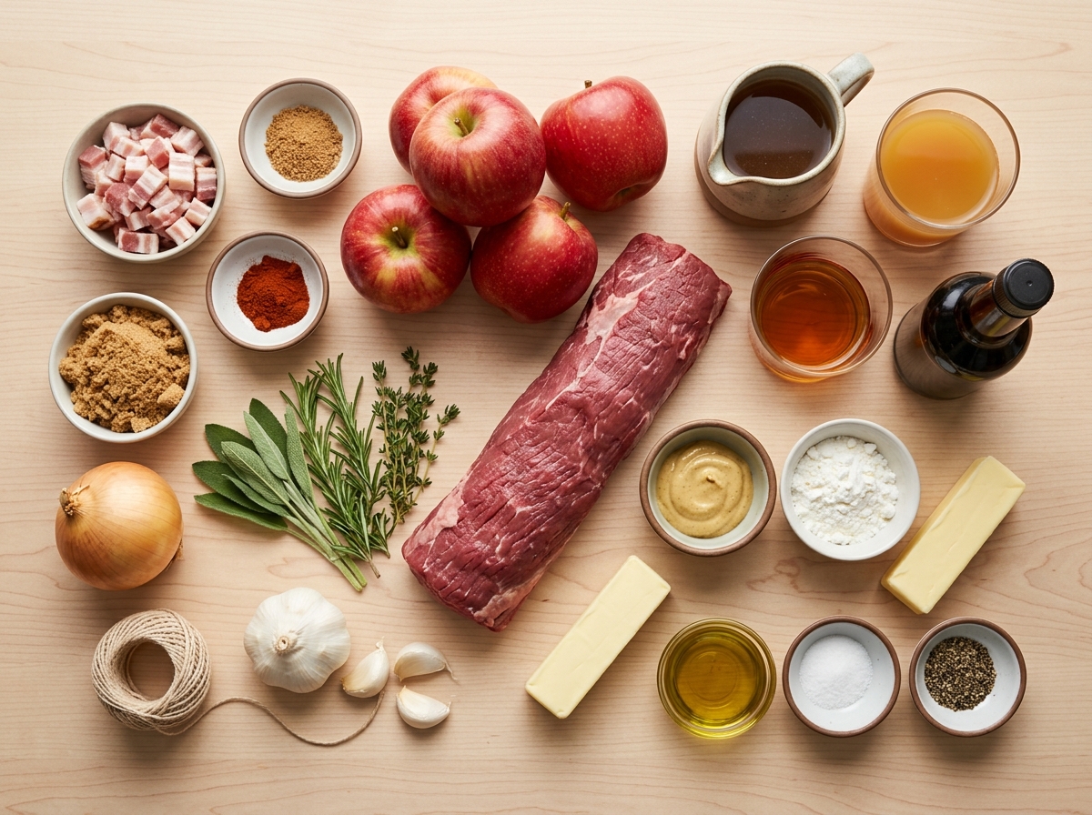 Ingredients for stuffed beef tenderloin with apples bacon herbs and gravy