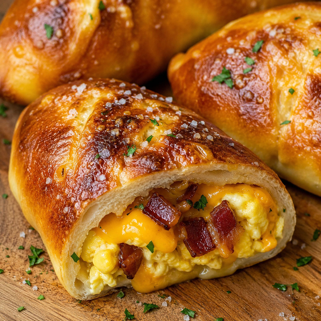 Stuffed breakfast pretzel rolls with eggs, bacon, cheddar, and parsley