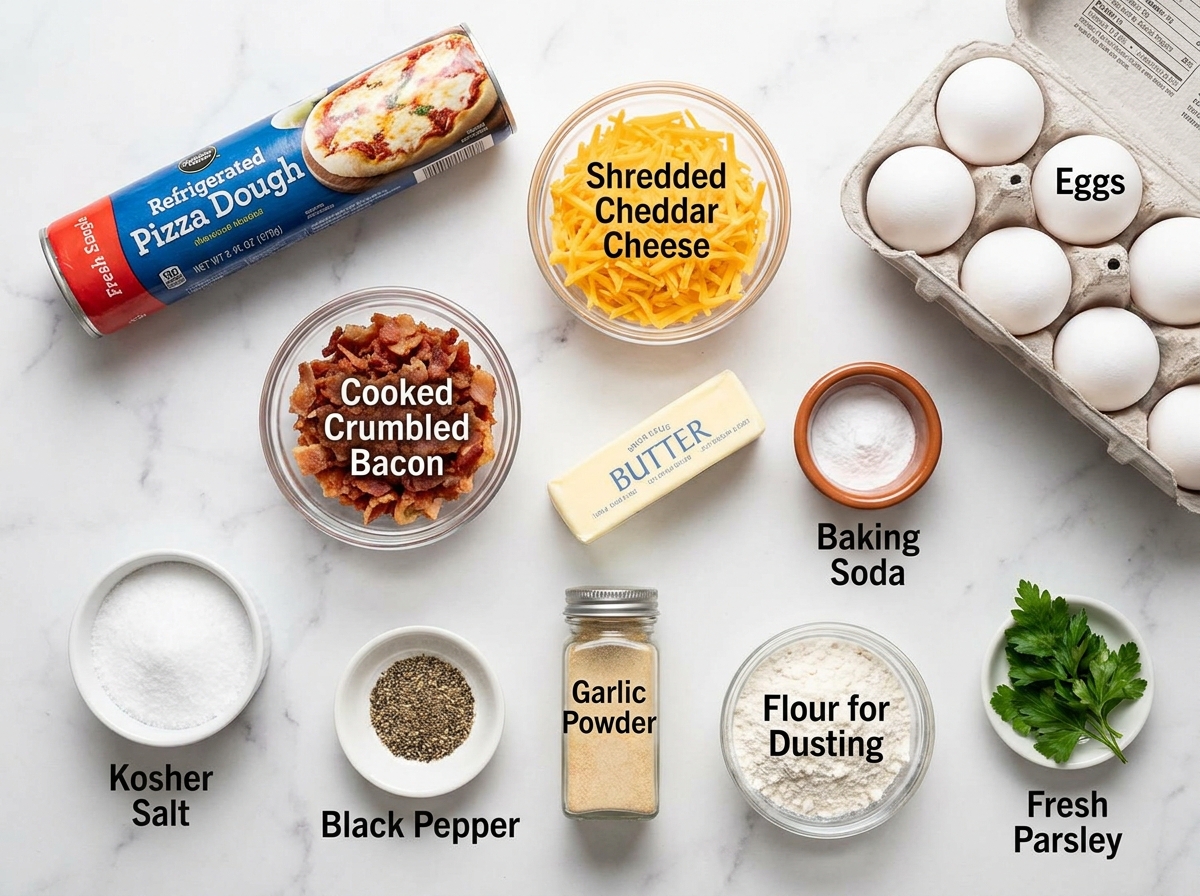 Ingredients for breakfast pretzel rolls with eggs, bacon, and cheddar