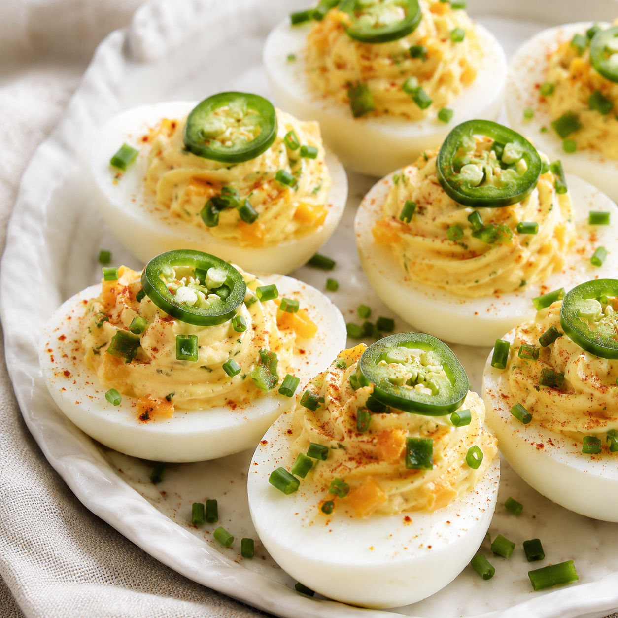 Stuffed eggs with jalapeño, cheddar, chives, and smoked paprika