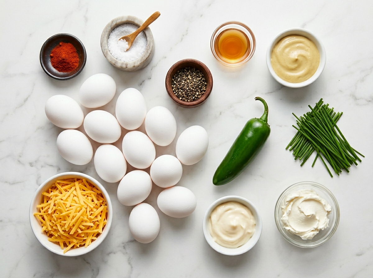 Eggs, jalapeño, cheddar, mayonnaise, cream cheese, and chives for stuffed eggs