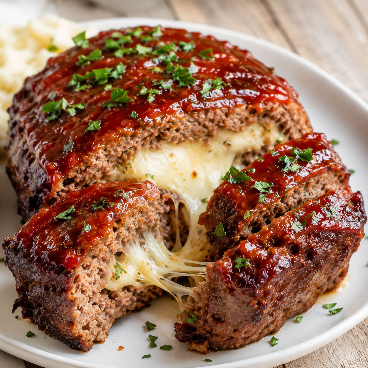 Mozzarella stuffed meatloaf slices with glossy ketchup glaze