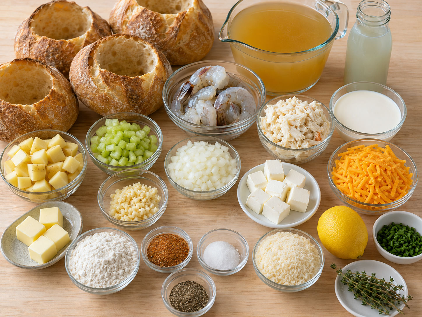 Ingredients for seafood soup bread bowls with shrimp, crab, bread, and dairy