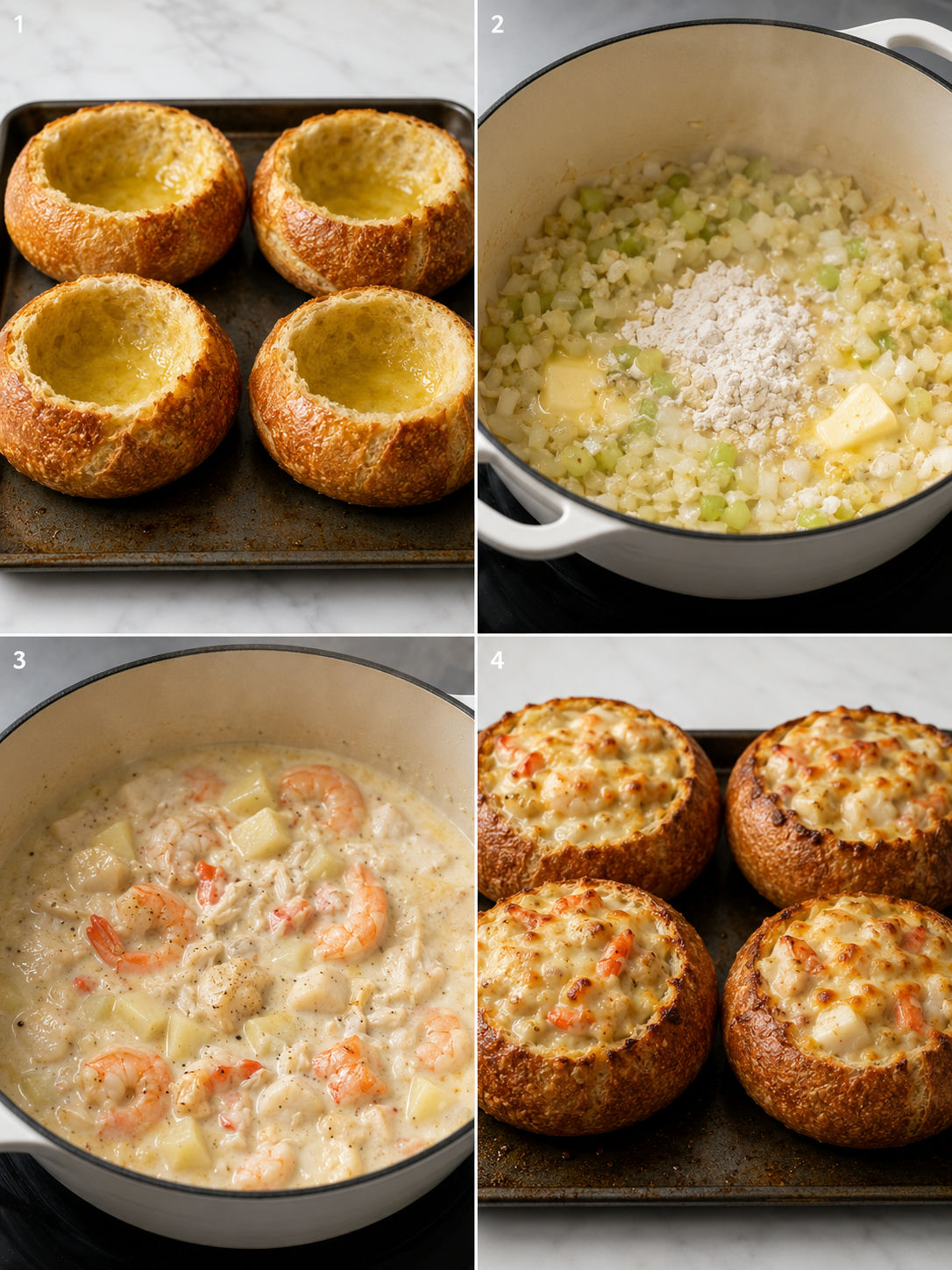 Four steps for making creamy seafood soup in toasted bread bowls