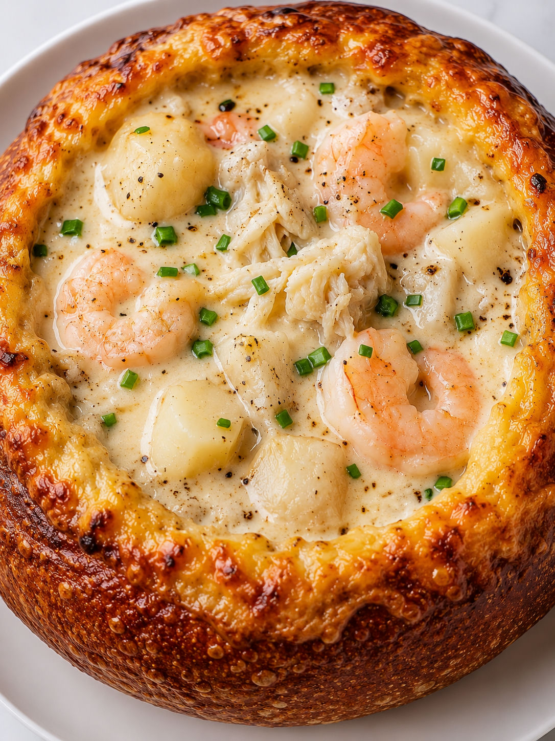 Stuffed seafood soup bread bowl with shrimp, crab, chives, and melted cheese