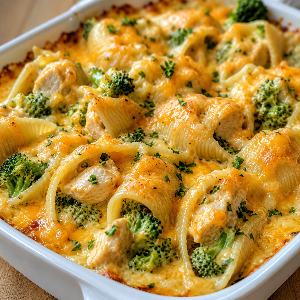 Chicken broccoli cheddar stuffed shells in a white baking dish