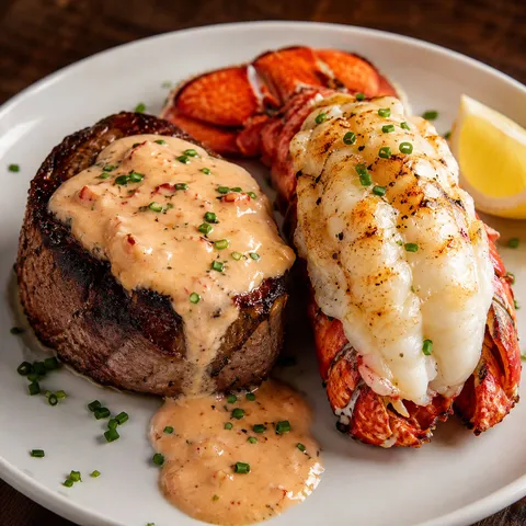 Surf and turf with filet mignon, lobster tail, and lobster cream sauce