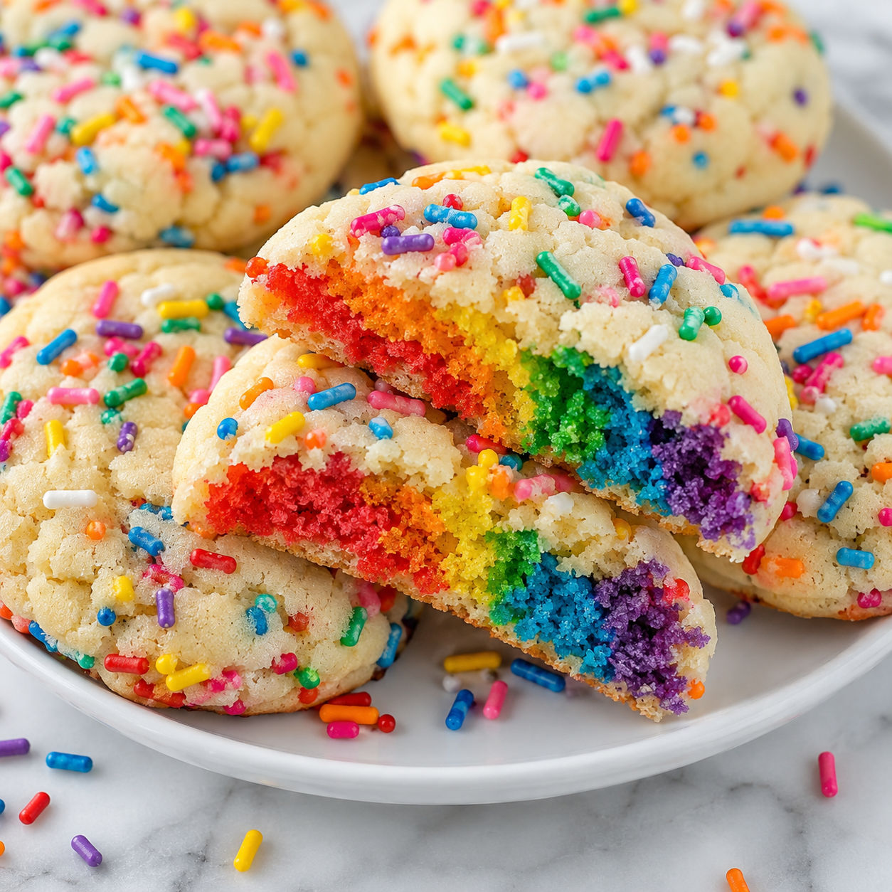 Sprinkle cookies broken open with a hidden rainbow center