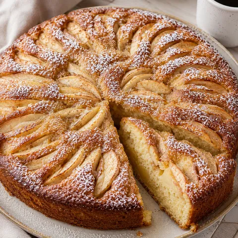 Swedish Apple Cake with cinnamon apples and powdered sugar