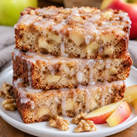 Glazed apple cinnamon bread slices with walnuts and apple pieces