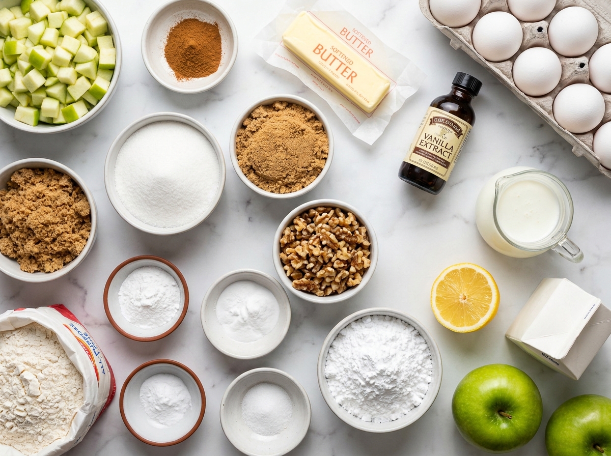 Ingredients for apple cinnamon bread with glaze on a wooden surface
