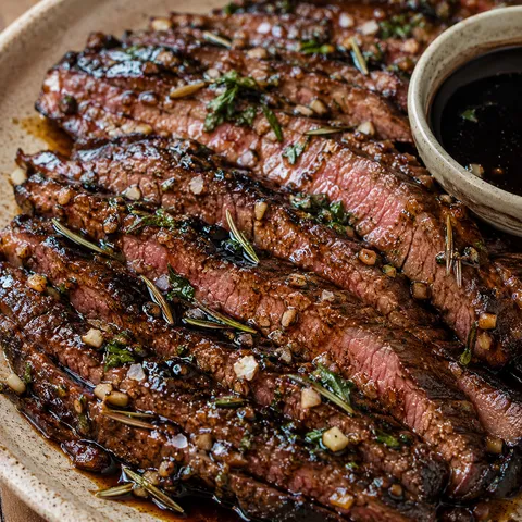 Sliced balsamic garlic rosemary steak with glossy browned edges