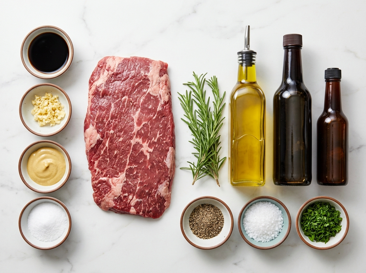 Raw flank steak with balsamic, garlic, rosemary, and marinade ingredients