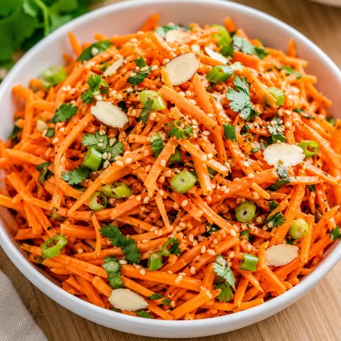 Sweet carrot salad with sesame seeds, cilantro, and green onions