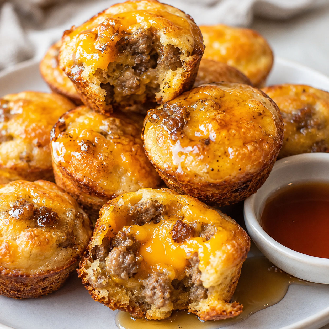 Sweet cheddar sausage maple bites with syrup and melted cheese