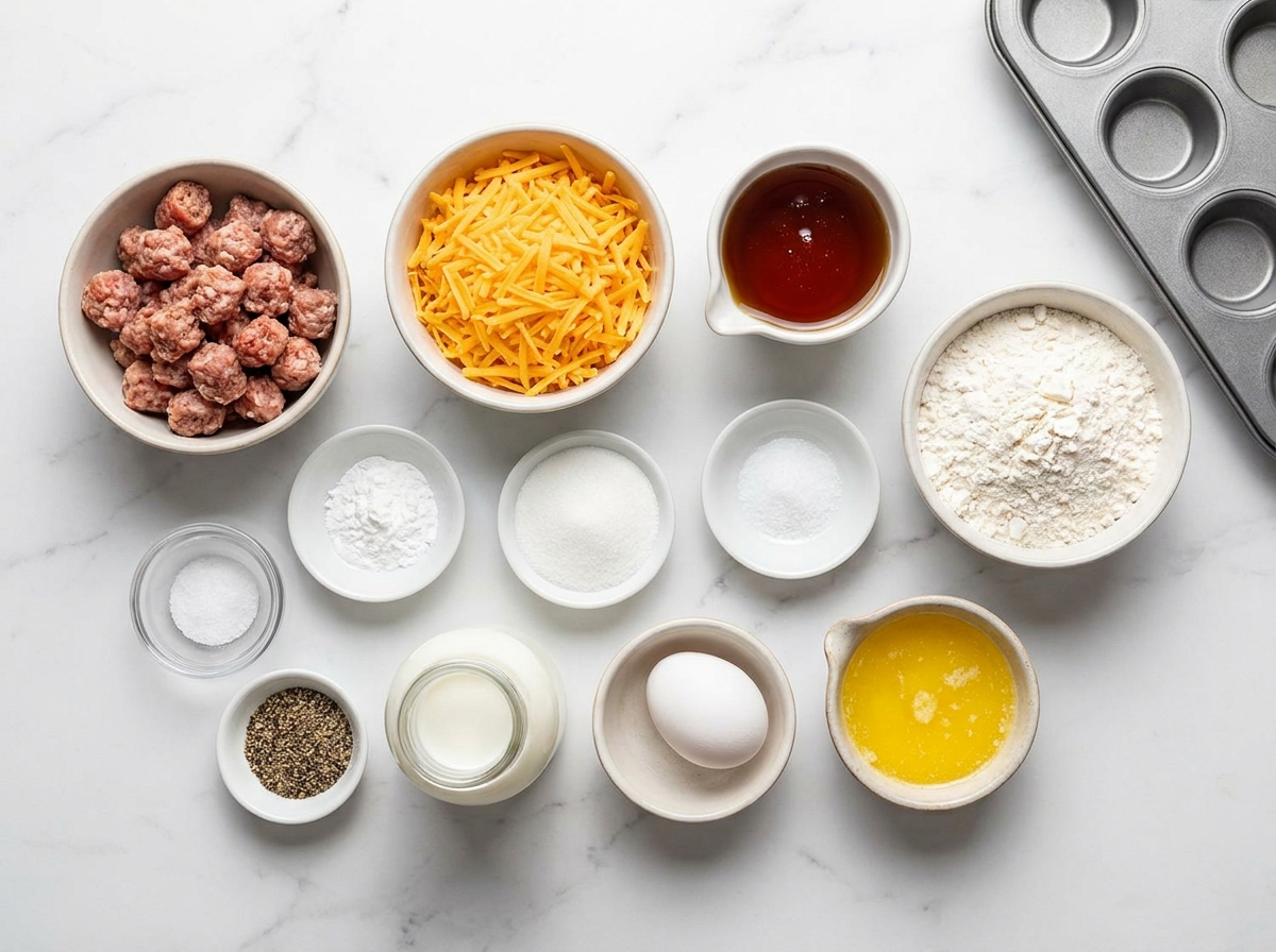 Ingredients for sweet cheddar sausage maple bites beside a mini muffin pan