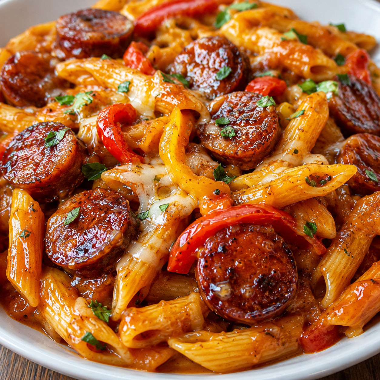 Sweet chili BBQ sausage pasta with bell peppers and melted cheese