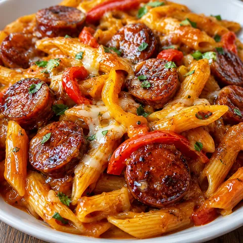 Sweet chili BBQ sausage pasta with bell peppers and melted cheese