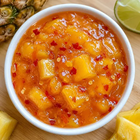 Sweet chilli pineapple sauce with pineapple chunks and red chilli flecks