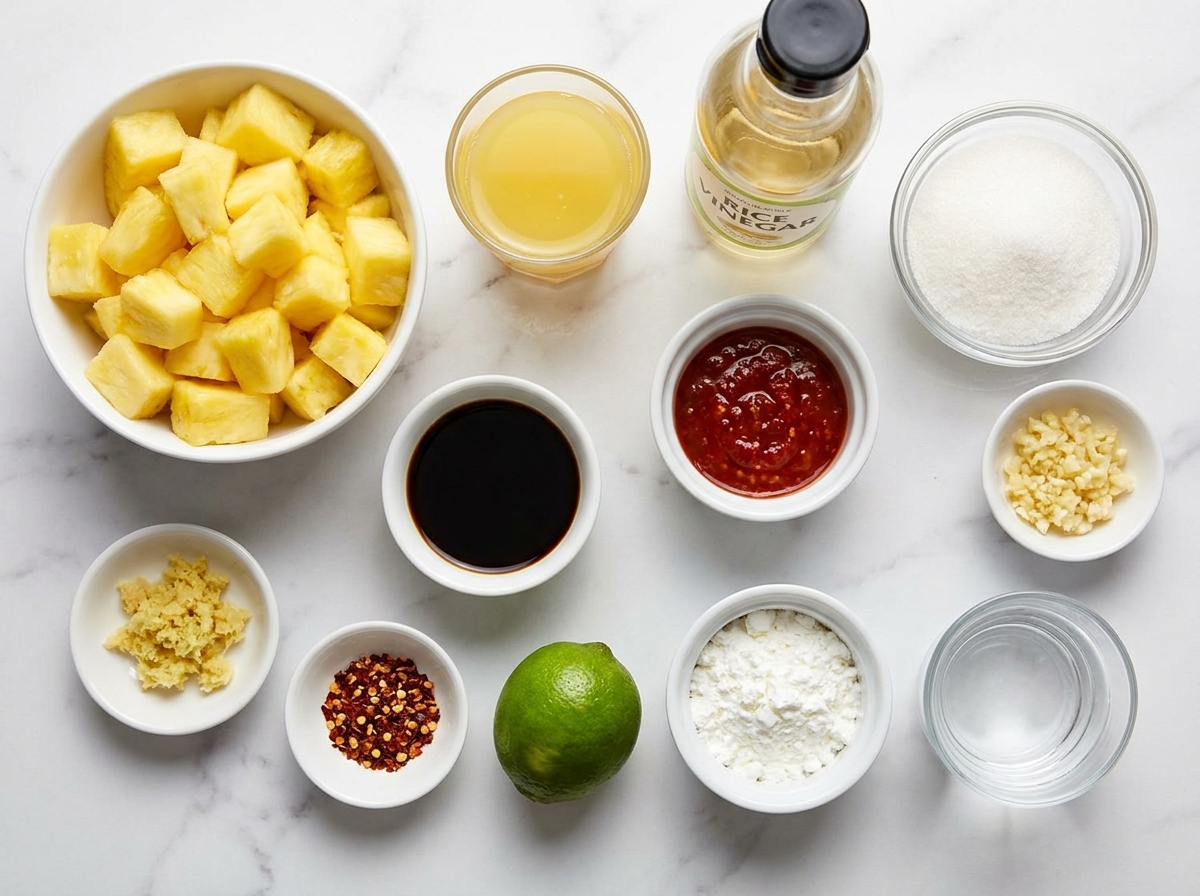 Fresh pineapple, chilli paste, vinegar, garlic, ginger, and lime for sauce