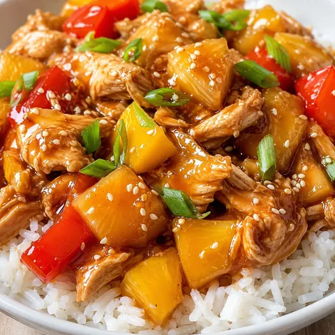 Sweet Hawaiian chicken with pineapple, bell peppers, rice, and green onions