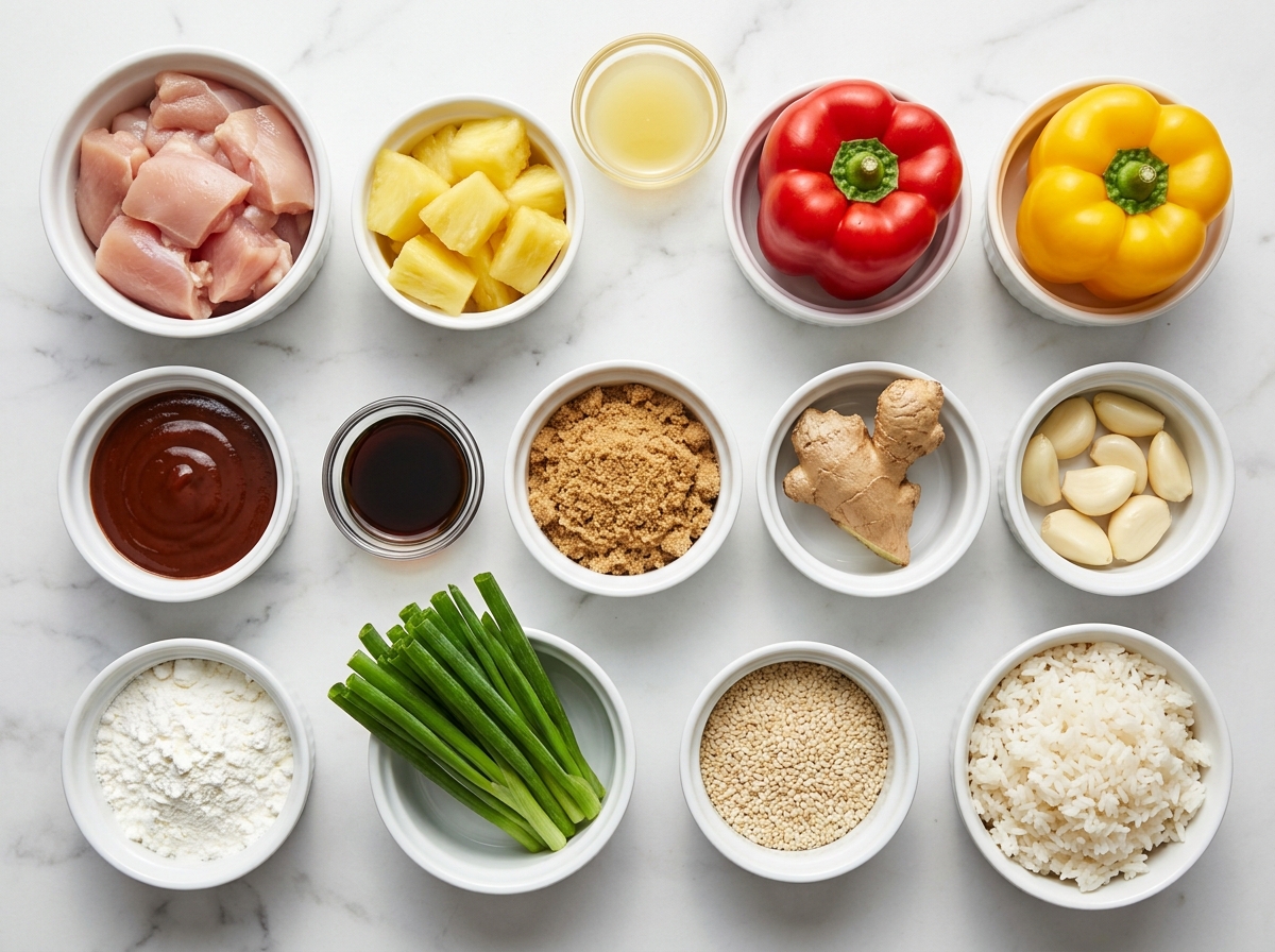 Ingredients for Sweet Hawaiian chicken with pineapple and bell peppers