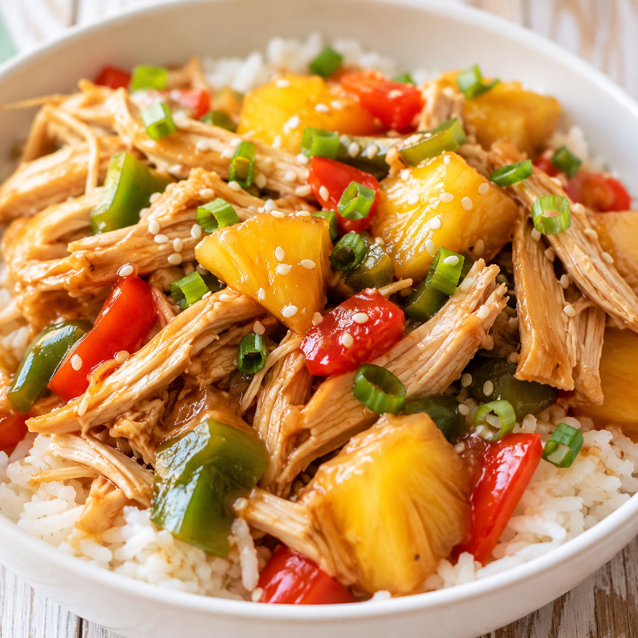 Sweet Hawaiian crockpot chicken with pineapple over rice