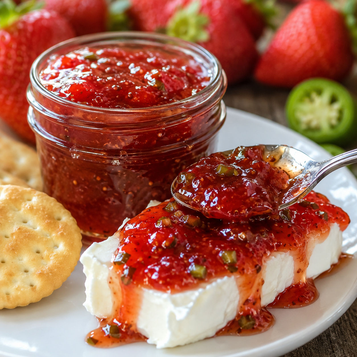 Strawberry jalapeno jam spooned over cream cheese with crackers
