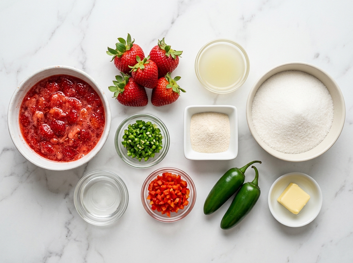 Ingredients for strawberry jalapeno jam with berries, peppers, sugar, and pectin