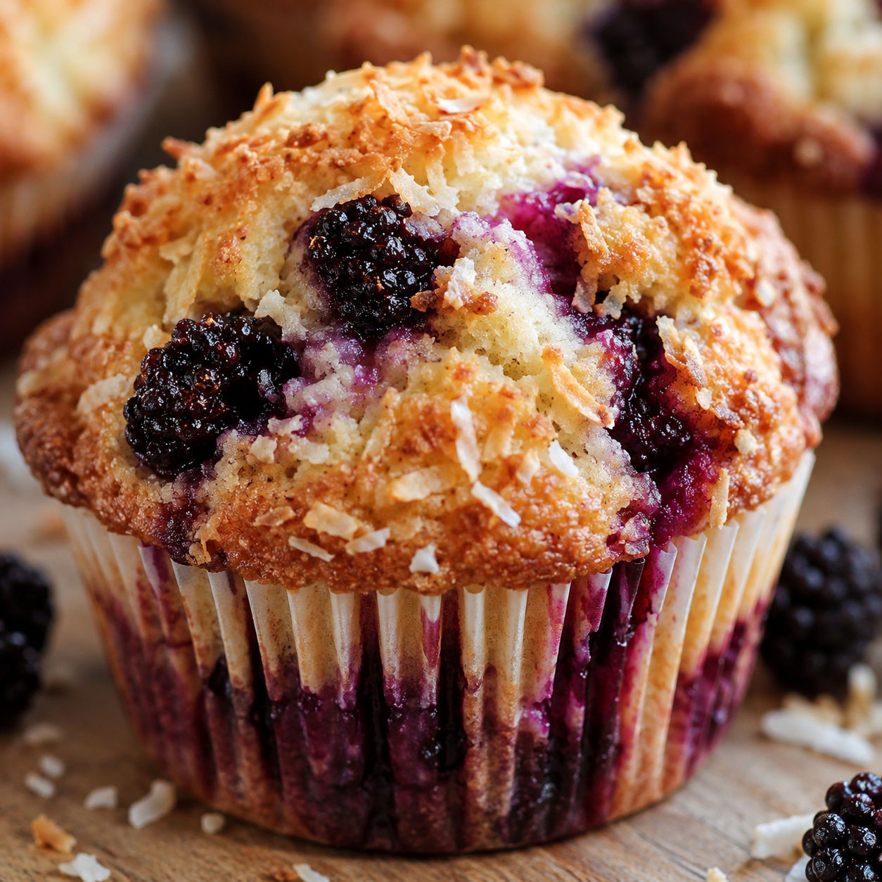 Golden mulberry coconut muffin with crisp streusel topping on a wooden board