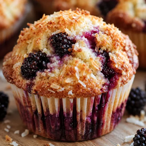 Golden mulberry coconut muffin with crisp streusel topping on a wooden board