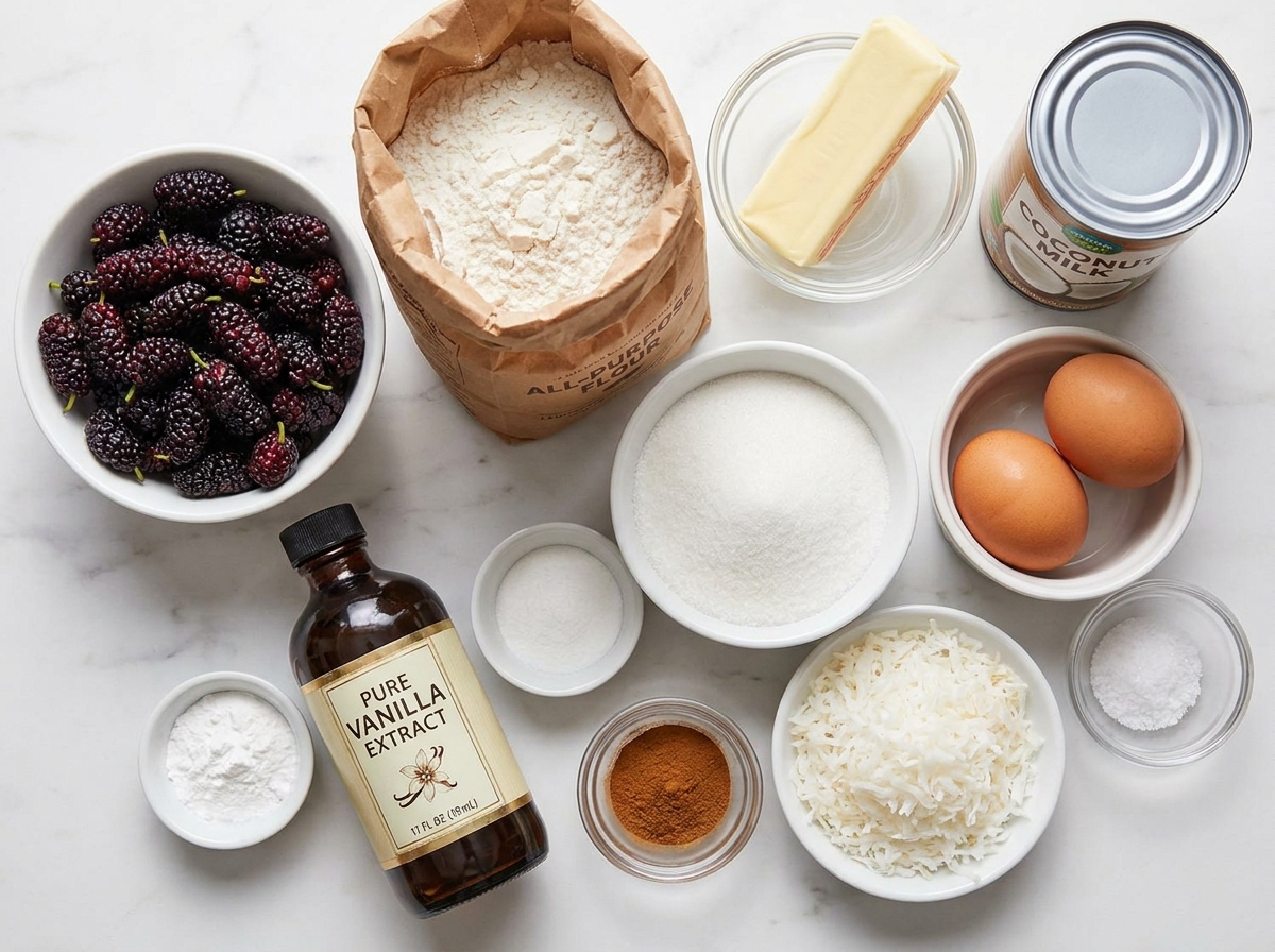 Fresh mulberries, butter, coconut milk, and baking ingredients on marble