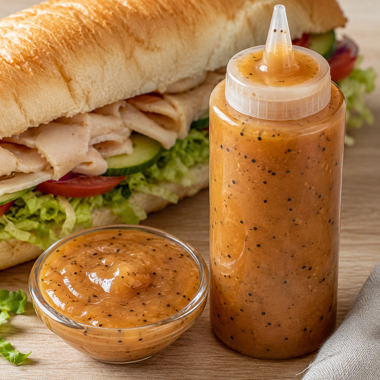 Sweet onion sauce with poppy seeds beside a fresh sandwich
