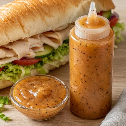Sweet onion sauce with poppy seeds beside a fresh sandwich