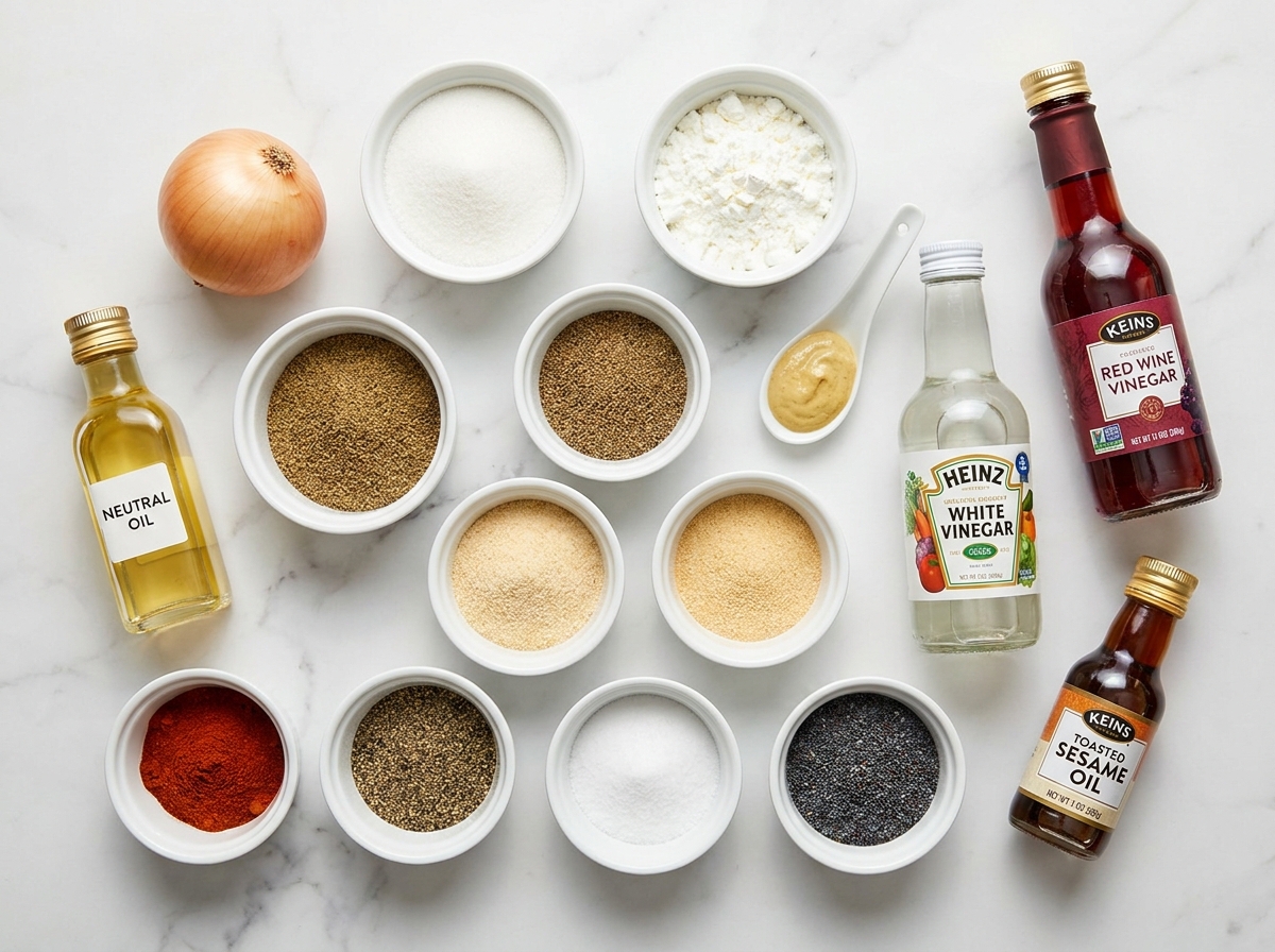 Ingredients for sweet onion sauce with onion, vinegar, mustard, and poppy seeds