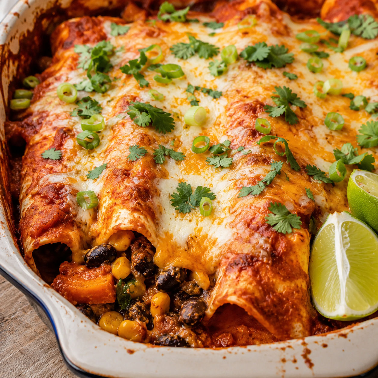 Sweet potato black bean enchiladas with red sauce, melted cheese, and cilantro