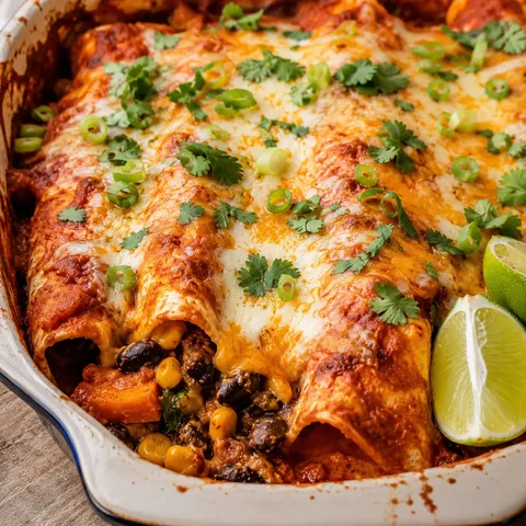Sweet potato black bean enchiladas with red sauce, melted cheese, and cilantro