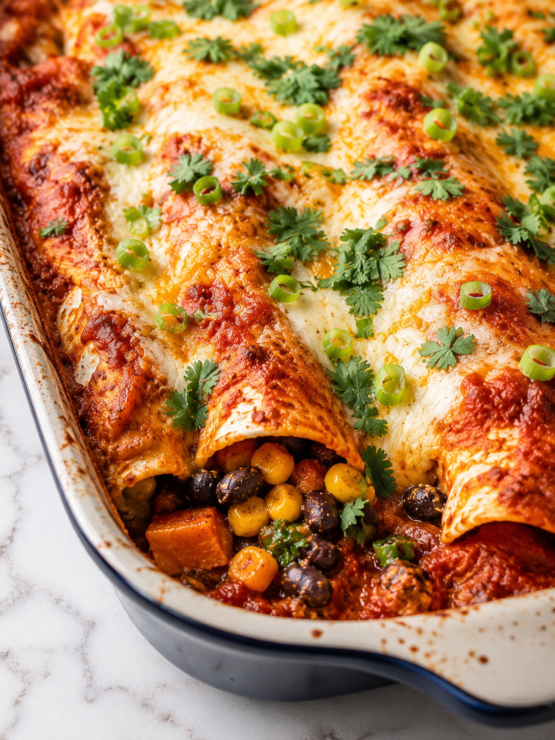 Sweet Potato, Corn, and Black Bean Enchiladas, plated and served