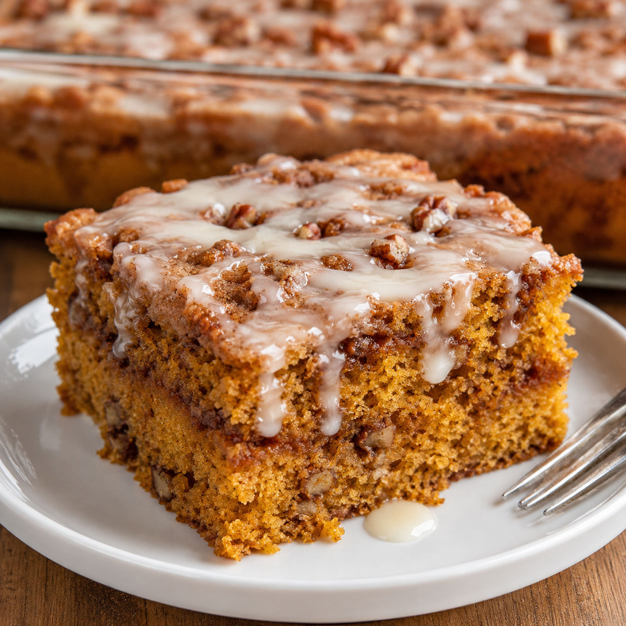 Sweet Potato Honeybun Cake slice with glaze and cinnamon swirl
