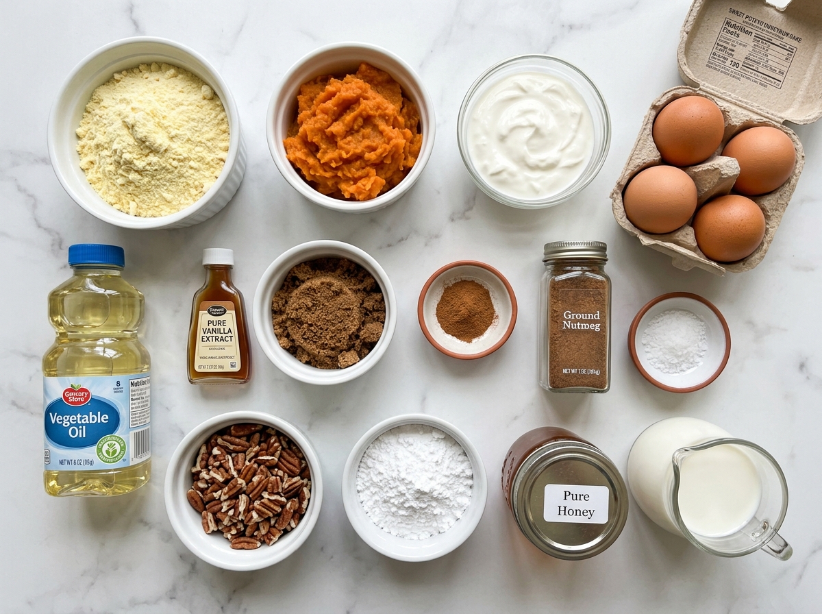 Ingredients for Sweet Potato Honeybun Cake with sweet potato and spices