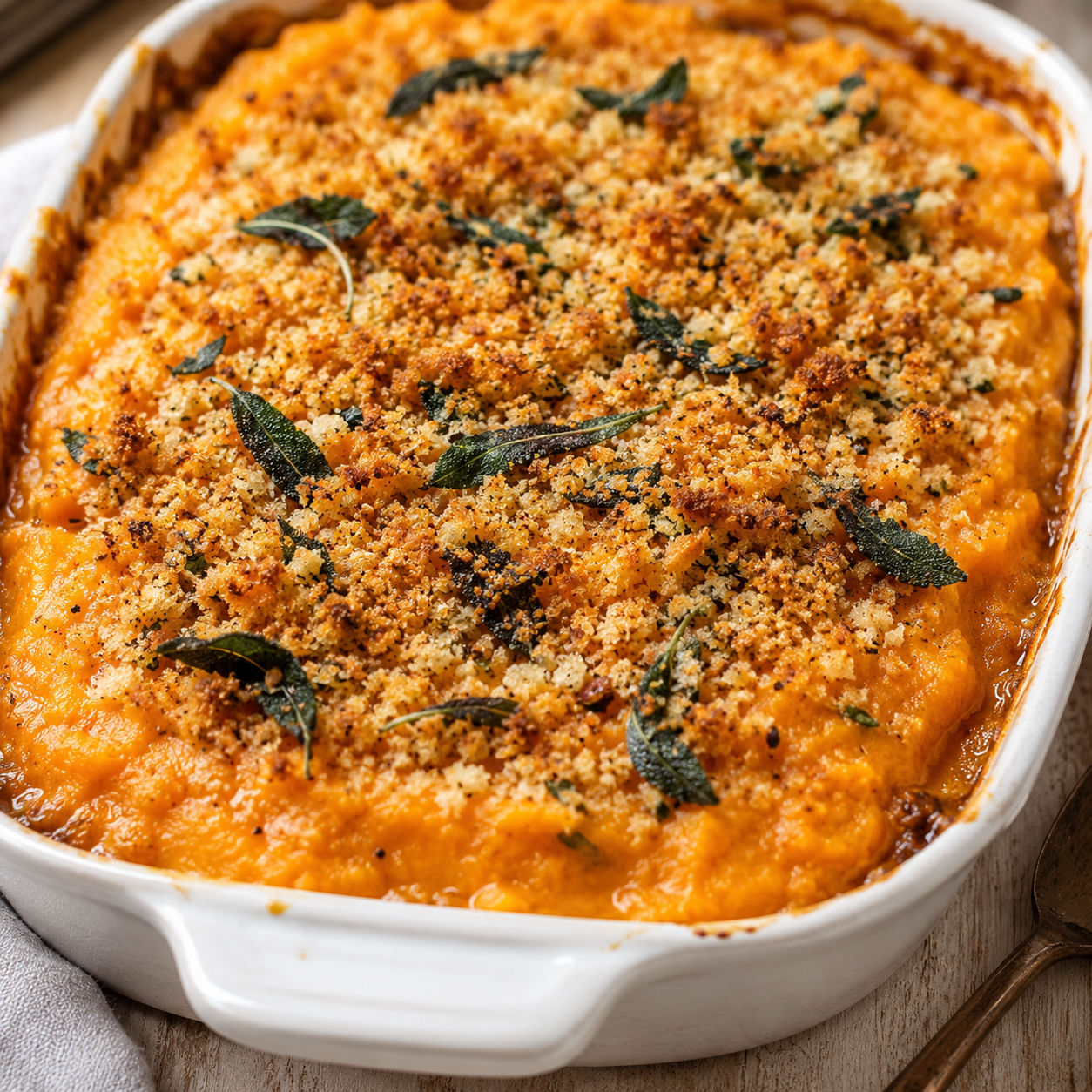 Baked sweet potato casserole with crispy sage breadcrumb topping in a white dish