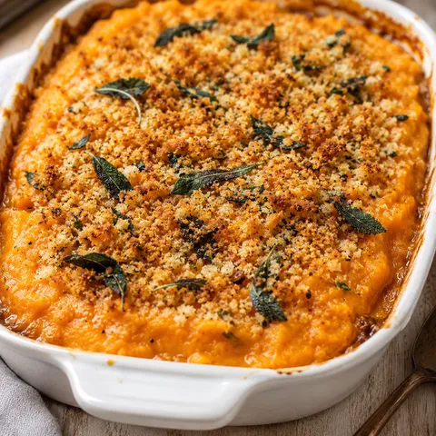 Baked sweet potato casserole with crispy sage breadcrumb topping in a white dish