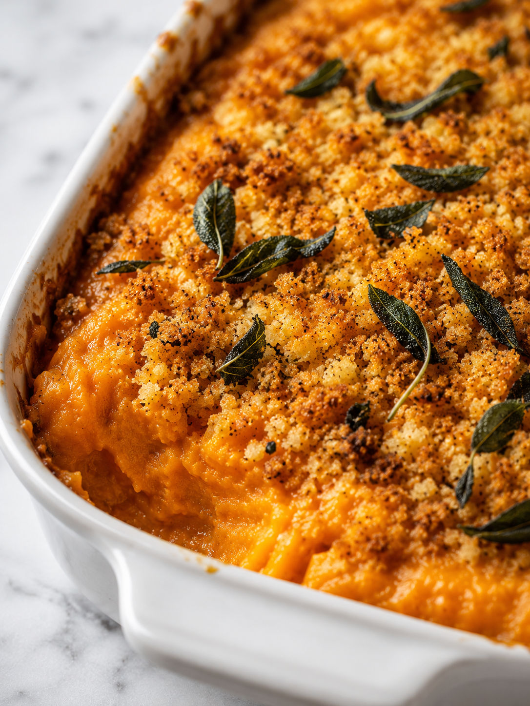 Sweet Potato and Sage-Butter Casserole, plated and served
