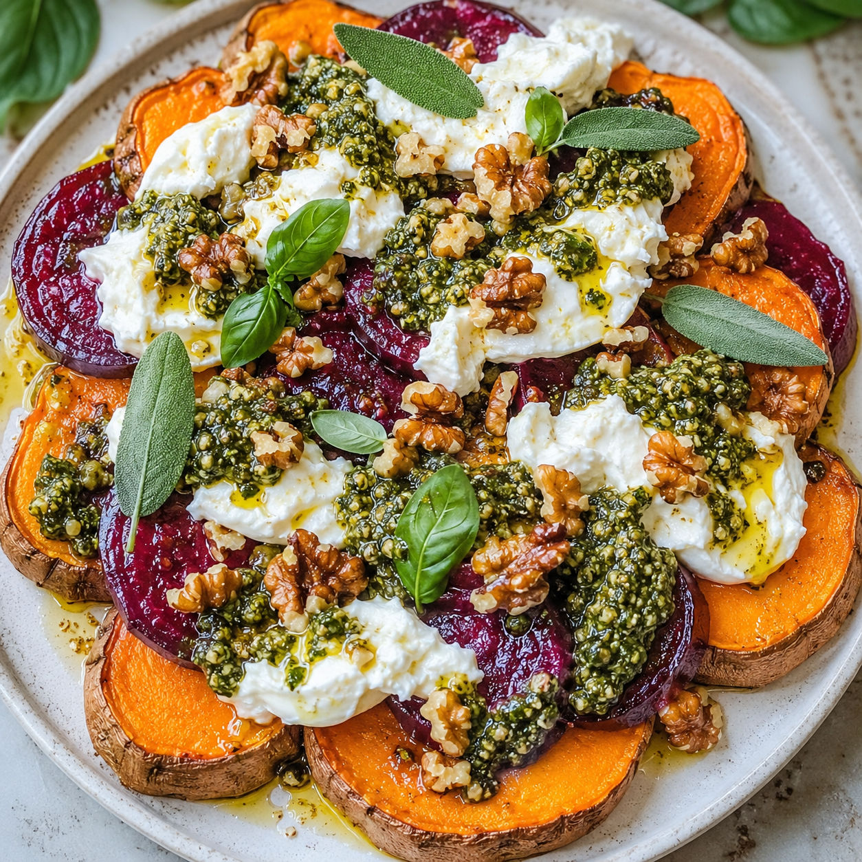 Sweet potato rounds with beets, burrata, walnut pesto, and herbs